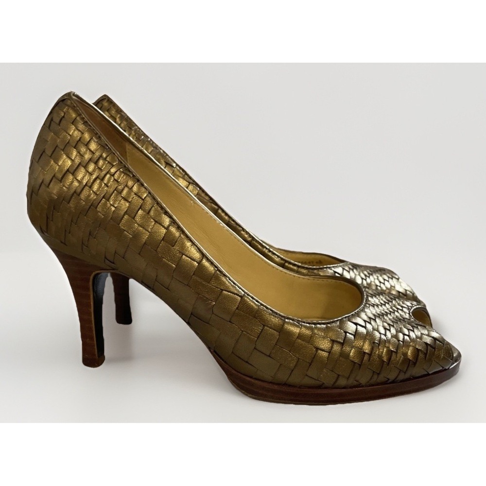 Cole Haan Genevieve Pumps Copper Woven Leather Peep Toe Heels Size US 6 B
